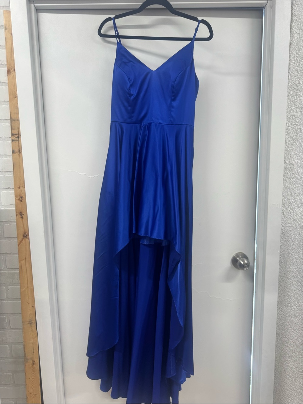 B Darlin Royal Blue Satin V-Neck High-Low Prom Dress